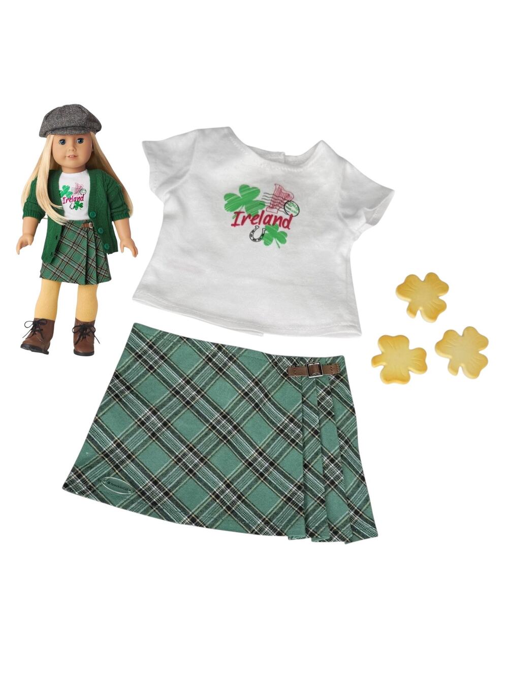 American Girl Ireland Plaid Skirt Tee 3 Shamrock Biscuits Irish World Traveler